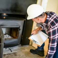 Specjalista w kasku przeprowadza przegląd przewodów kominowych, notując stan pieca.