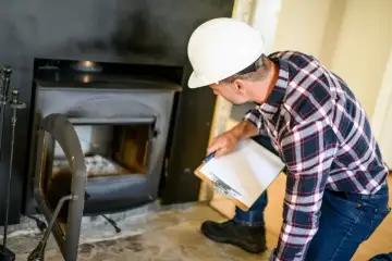 Specjalista w kasku przeprowadza przegląd przewodów kominowych, notując stan pieca.