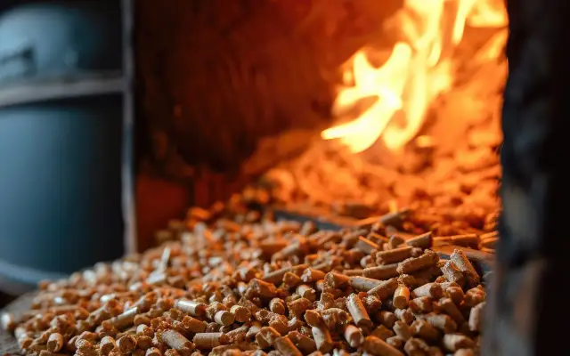 Zbliżenie na pellet drzewny przed rozpalonym piecem na pellet.